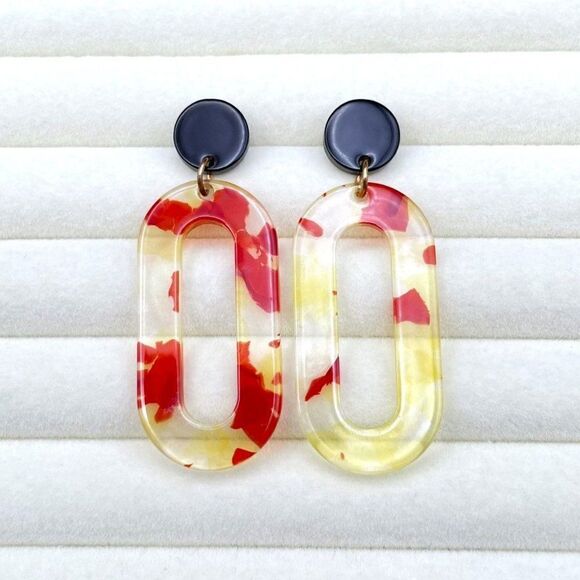 Black with Red and Yellow Marble Swirl Acrylic Open Oval Hoop Post Back Earrings - Picture 3 of 9